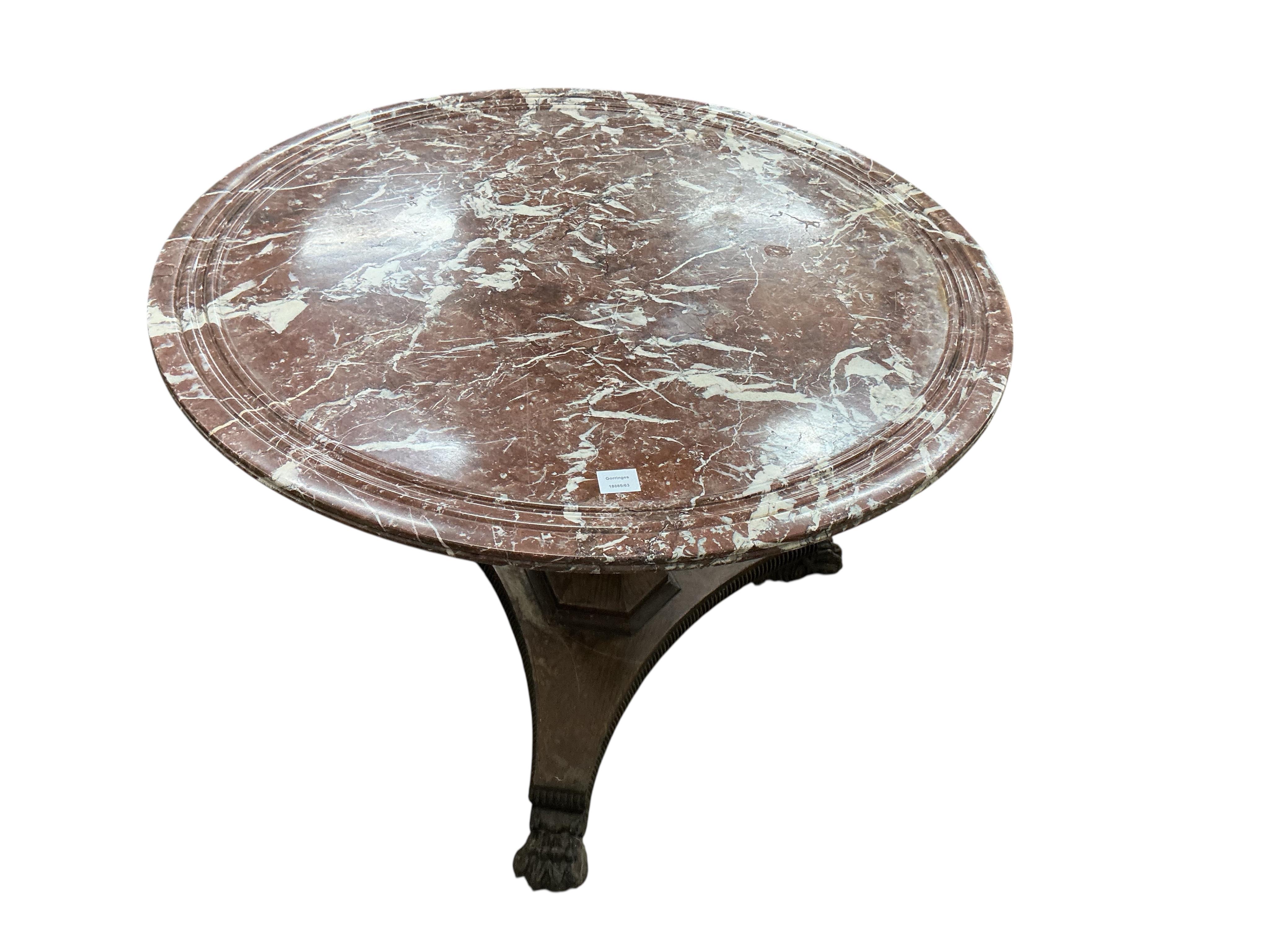 A William IV and later circular marble topped pedestal centre table, diameter 105cm, height 73cm, Provenance: The late Kenneth Turner (1936-2025), celebrity florist, designer and perfume retailer, he received the Royal W